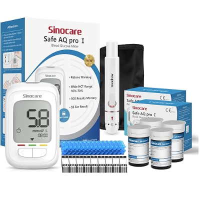 Sinocare Blood Sugar Testing Kit, Safe AQ Pro I Blood Glucose Monitor, with Blood Ketone Warning, 500 Memory, with Strips x 100 & Lancing Devices x 100 & Carrying Bag, Results in mmol/L